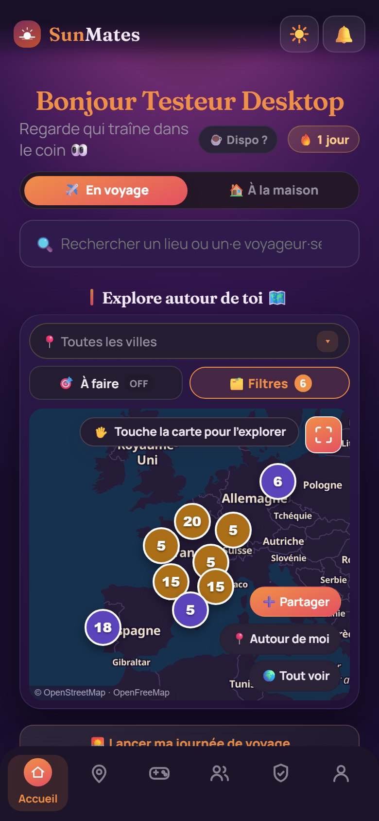 L'accueil de SunMates : une carte avec les lieux sûrs et les voyageurs autour de toi