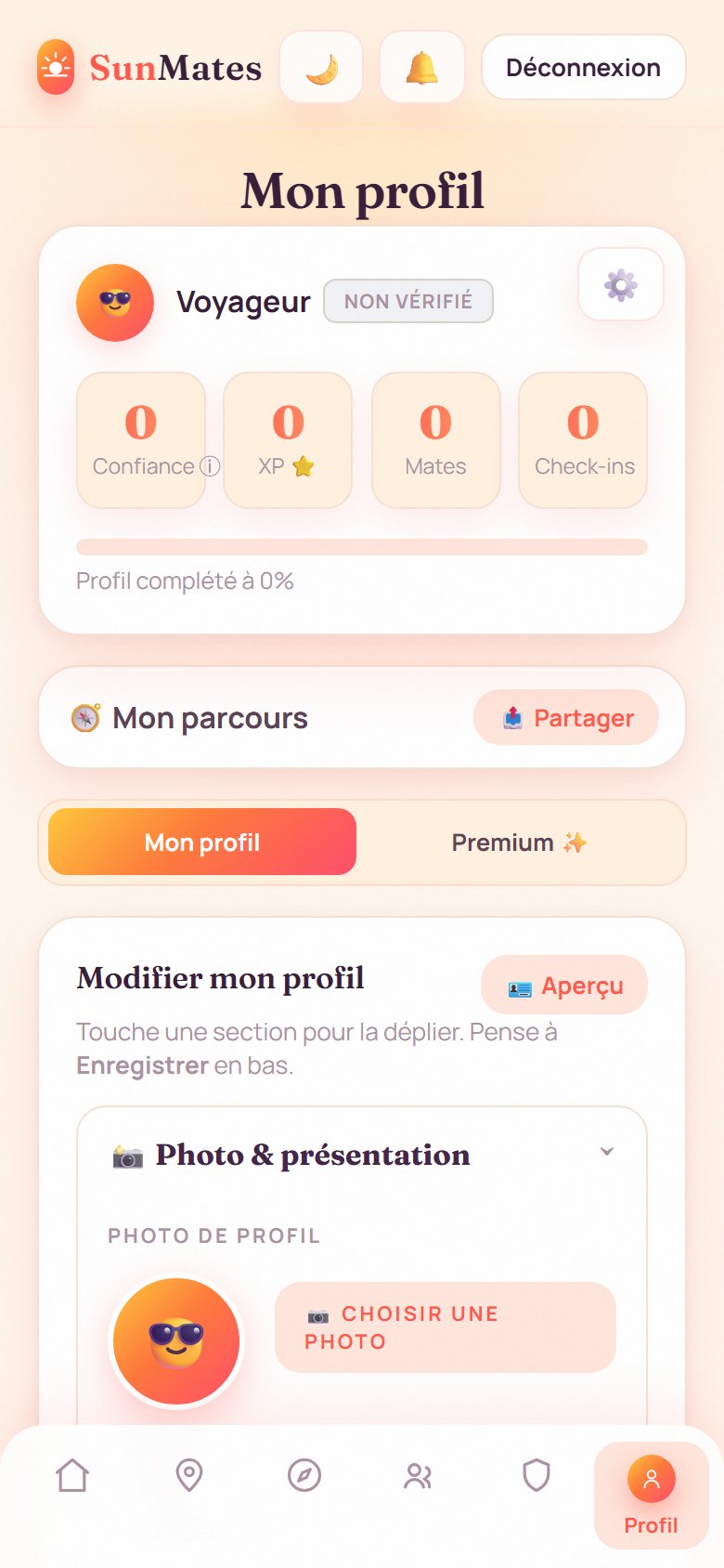 Profil avec XP, Mates et check-ins